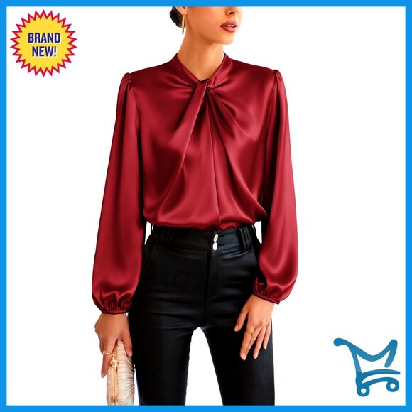 Long Sleeve Satin Blouse Mock Neck Work Silk Shirt Business Casual Office Top